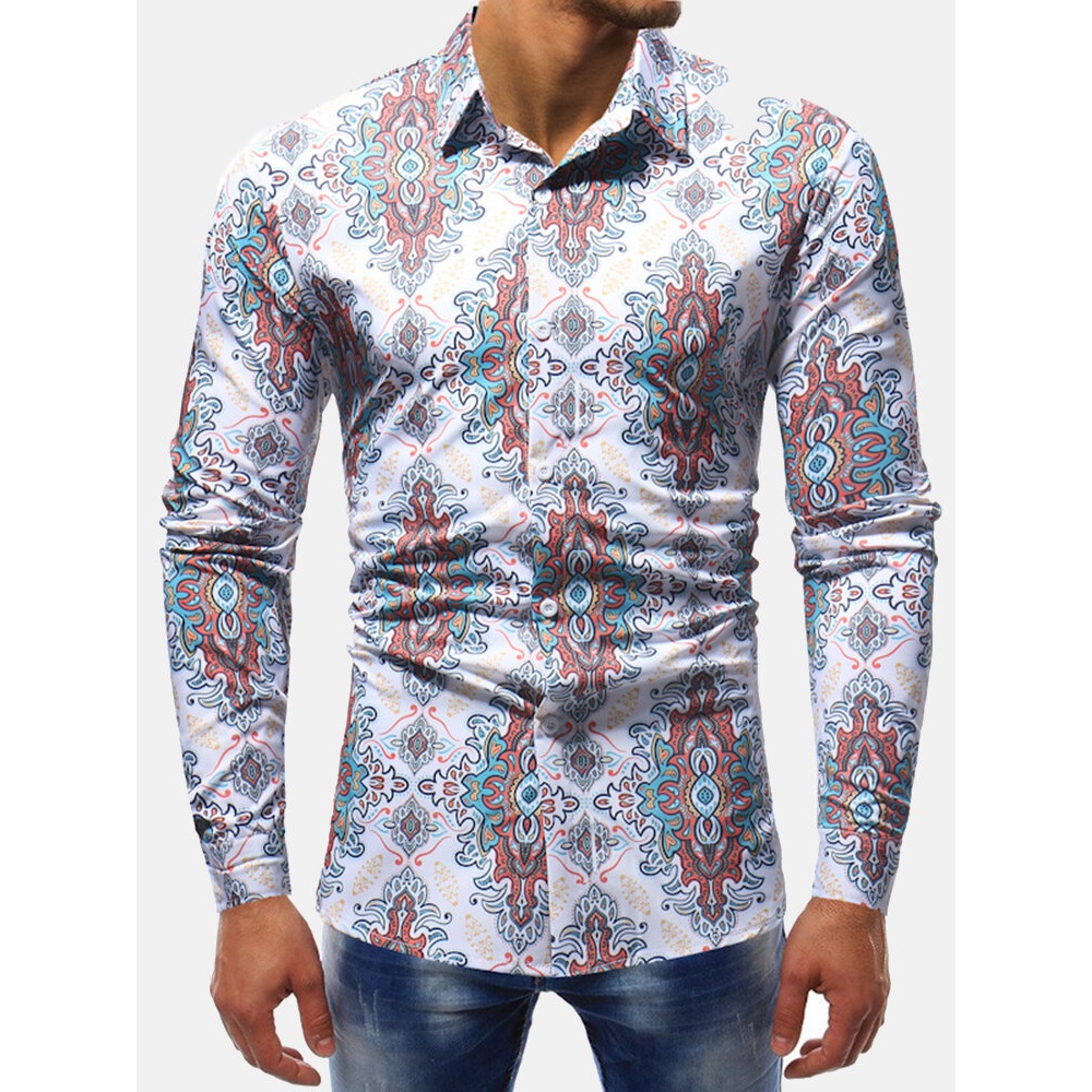 Men's Vintage Floral Printing Shirts - M White