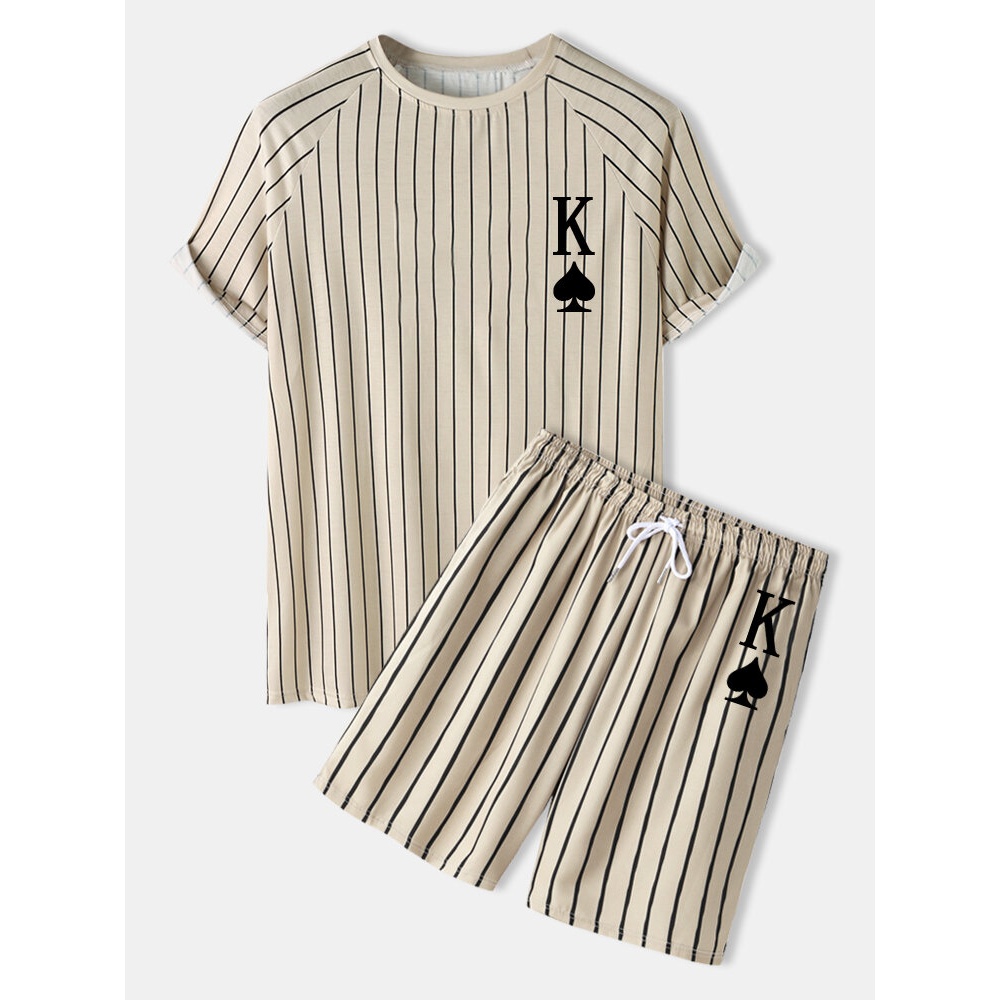 Mens Stripe K Poker Print Raglan Sleeve Casual Shirts Two Pieces Outfits - White S