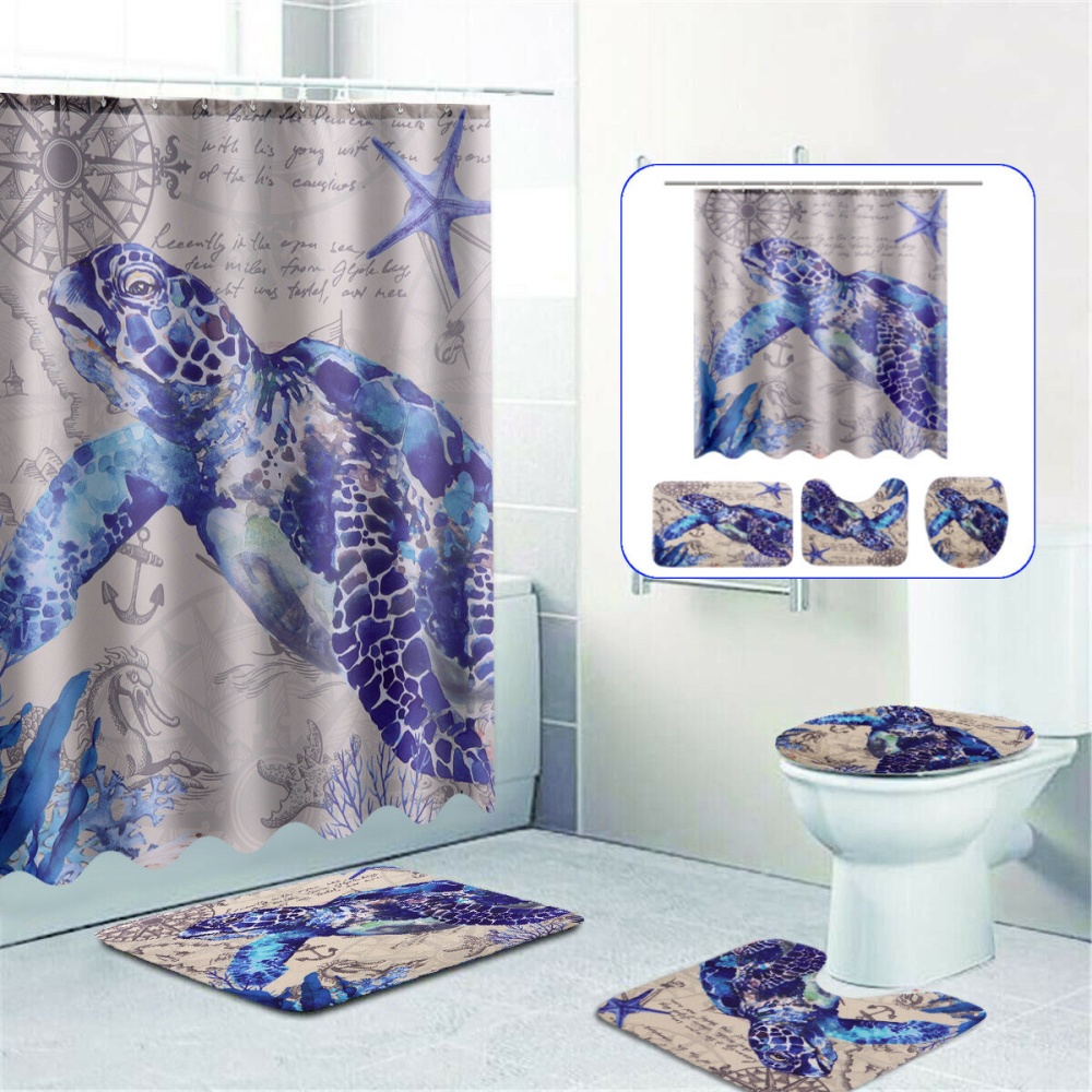 Bathroom Shower Curtain Sea Turtle Pedestal Rug Lid Toilet Cover Bath Mat Decor - B - Image 2