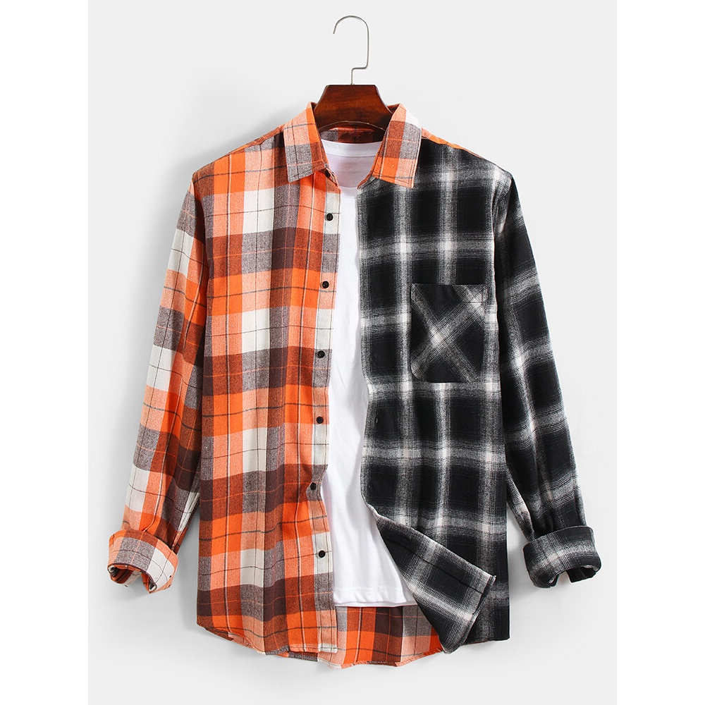 Mens Plaid Patchwork Cotton Lapel Curved Hem Long Sleeve Shirts With Pocket - White 3XL