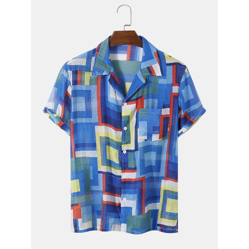 Mens Geometry Color Block Preppy Revere Collar Shirt With Pocket - Blue S