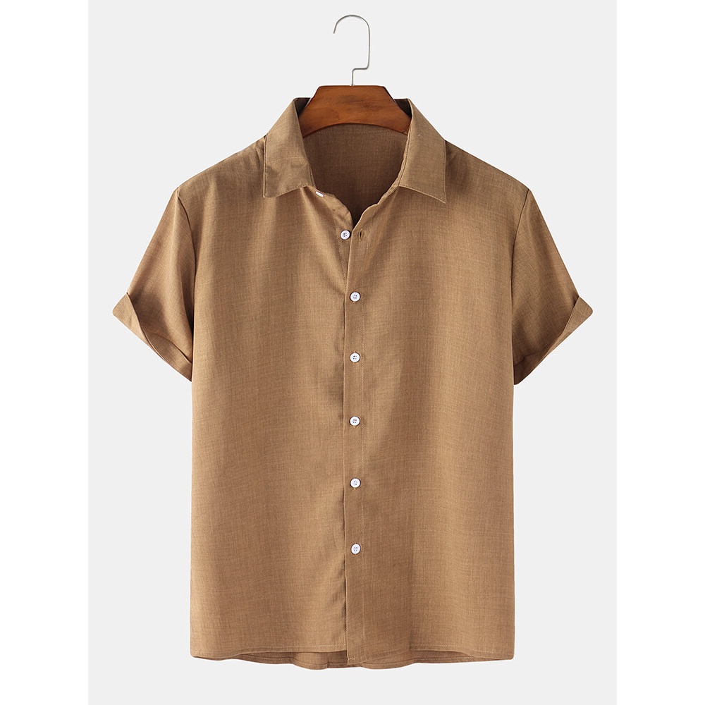 Mens Solid 4 Color Turn Down Collar Short Sleeve Shirts - Brown 2XL