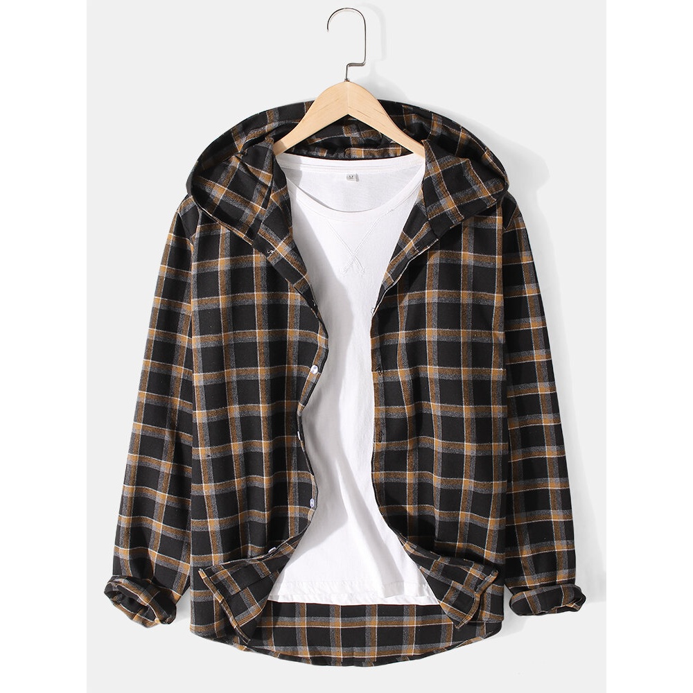 Mens Classic Plaid Hooded Button Up Long Sleeve Shirts - Black L