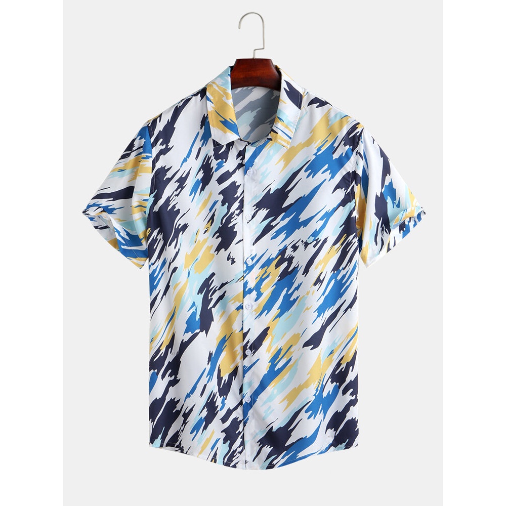 Mens Graffiti Painting Print Short Sleeve Casual Holiday Shirts - Blue M