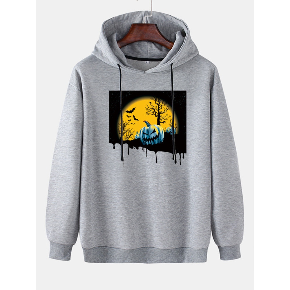 Mens Pumpkin & Moon Landscape Long Sleeve Cotton Hoodies - Yellow S
