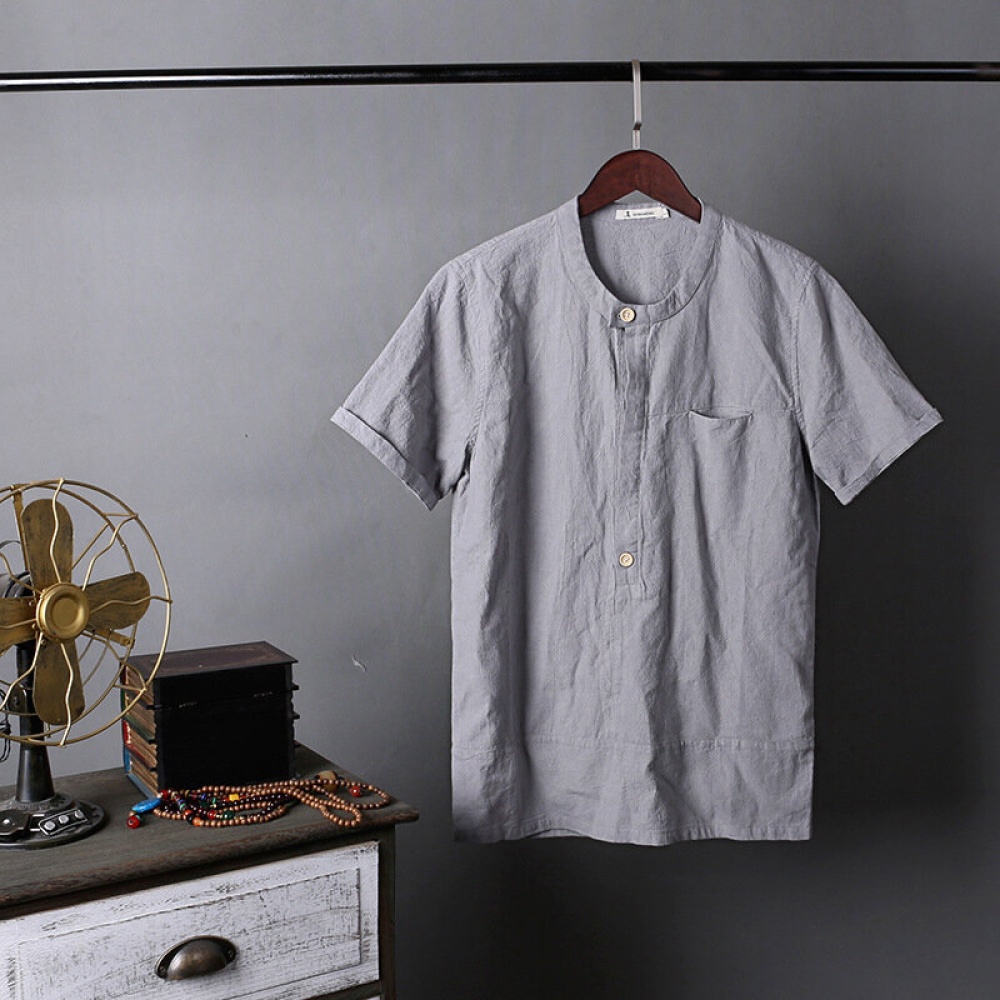 Mens Vintage Solid Color Tops Short Sleeve Casual Shirts - M White