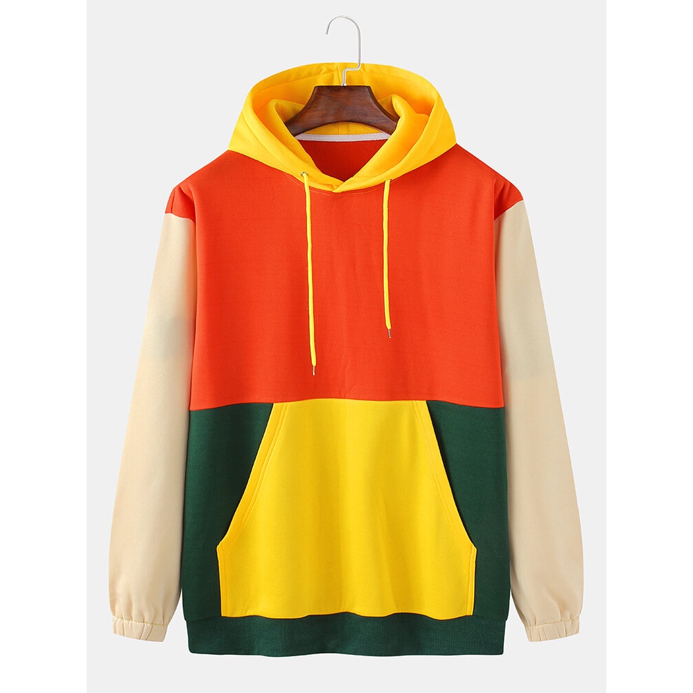 Mens Design Patchwork Solid Color Kangaroo Pocket Long Sleeve Hoodies - Yellow S