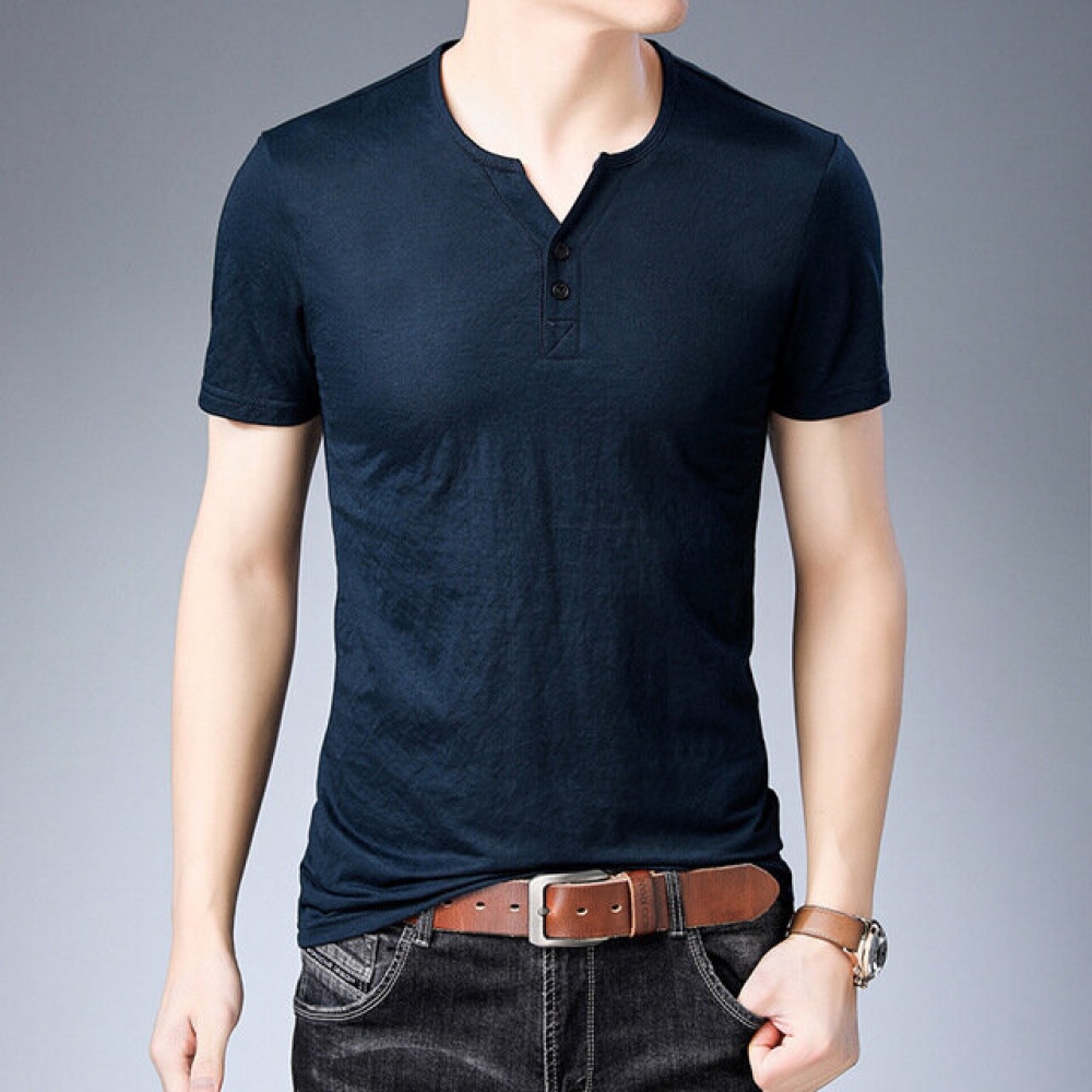 Cotton And Linen New Season Short-sleeved T-shirt Bottoming Shirt Trend Half-sleeved Clothes V-neck Casual Short-sleeved Men's Clothing - L Black