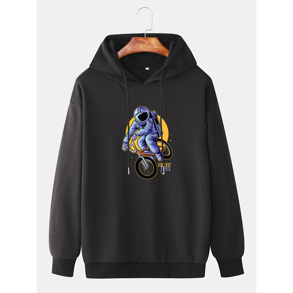 Mens Funny Astronaut Print Drop Shoulder Drawstring Hoodies - Sky Blue 3XL