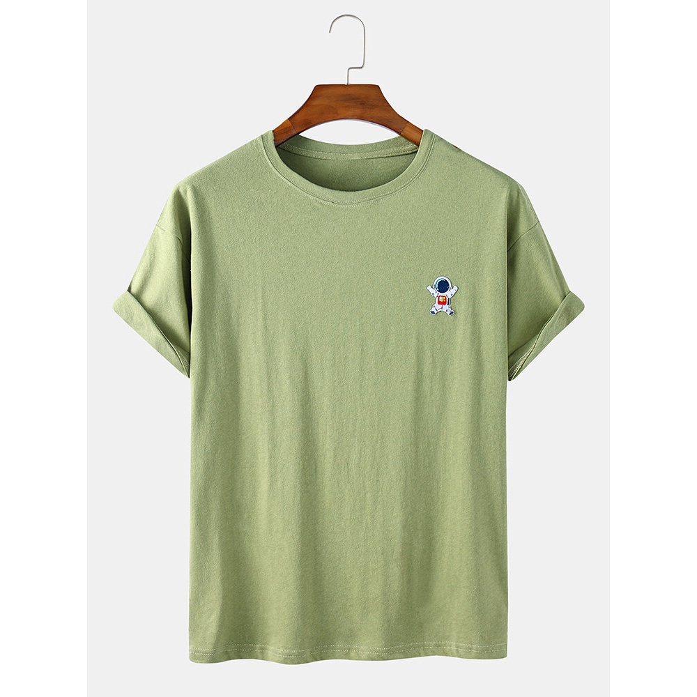 Mens Casual Astronaut Cartoon Solid Color Round Neck T-Shirts - White 2XL