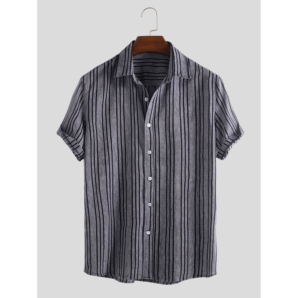 Mens 100% Cotton Summer Stripe Breathable Shirts - 2XL Grey