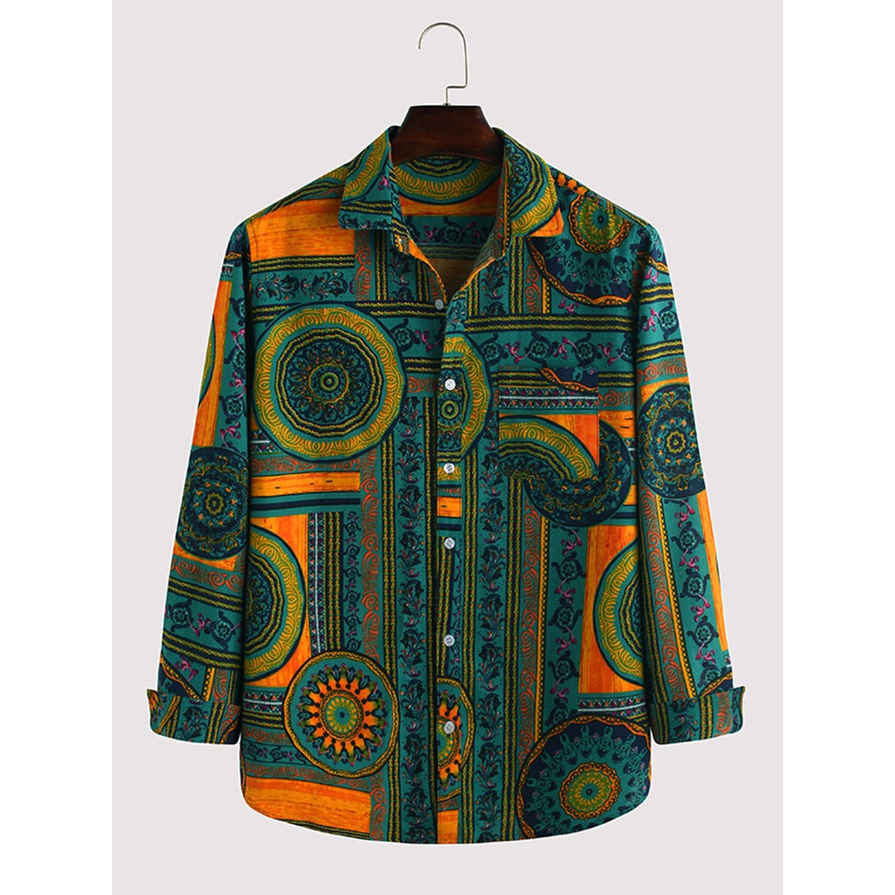 Mens Ethnic Geometric Print Long Sleeve Casual Shirts - Red M