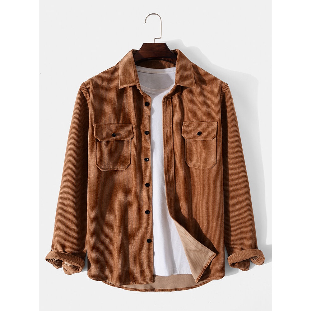Men Solid Corduroy Double Pockets Button Lapel Shirt - Brown S