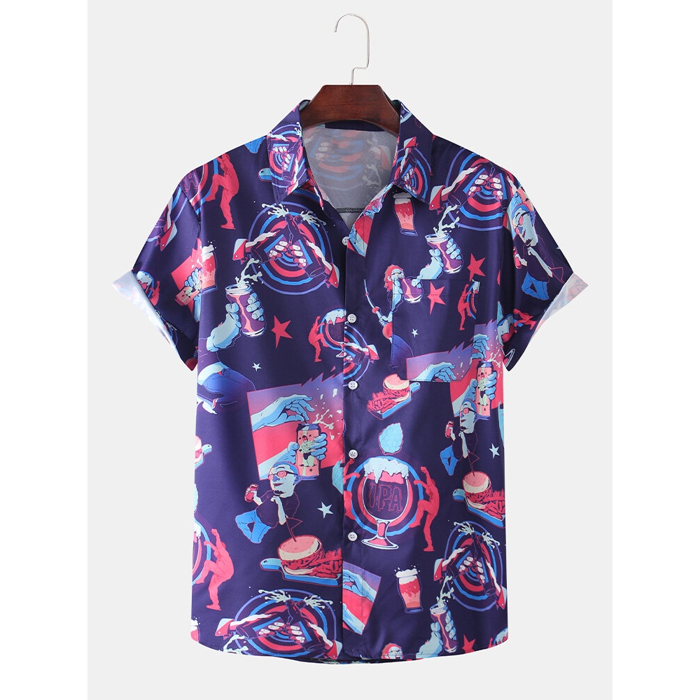 Mens Holiday Funny Cartoon Happy Party Breathable Short Sleeve Shirts - Black S