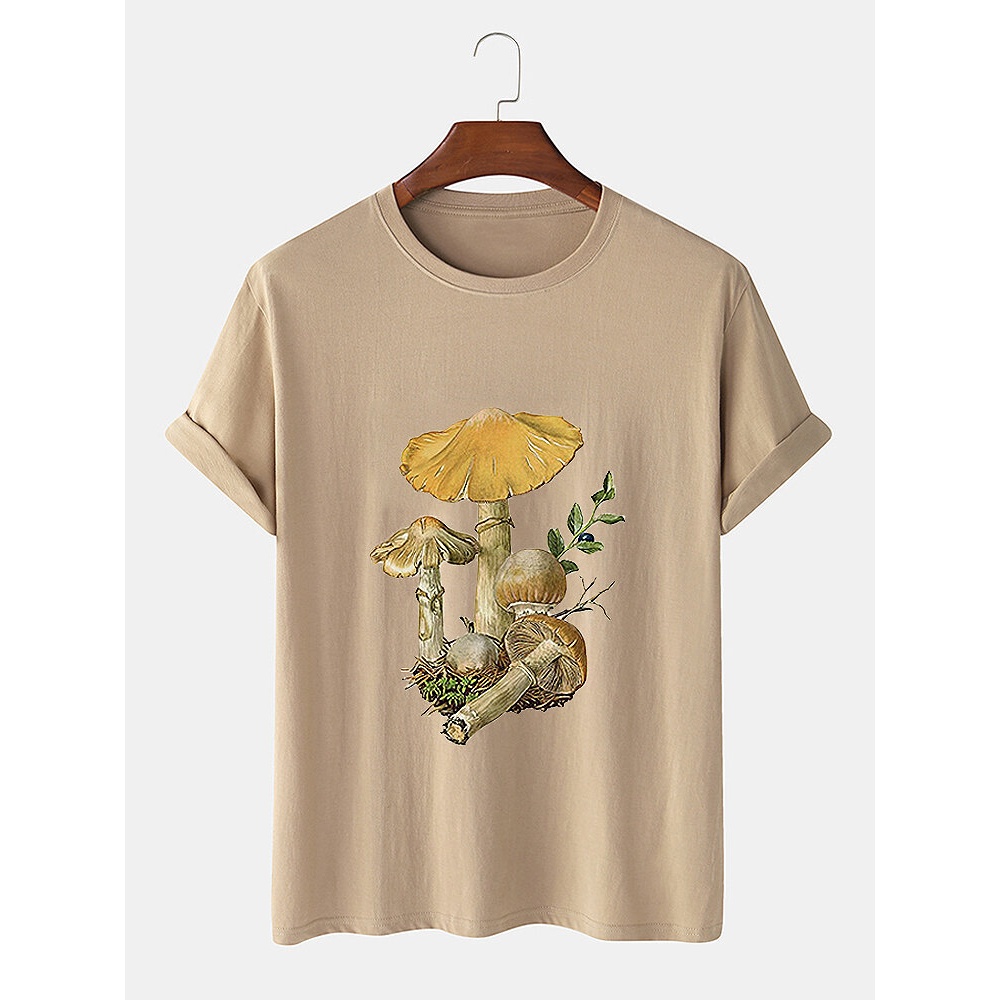 Mens Mushroom Graphic Print 100% Cotton Loose T-Shirt - Apricot S