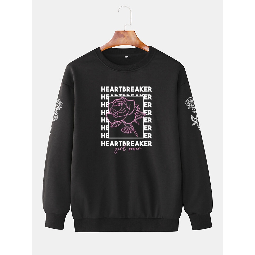 Mens Flower Graphic Letter Print Crew Neck Casual Drop Shoulder Sweatshirts - Black M