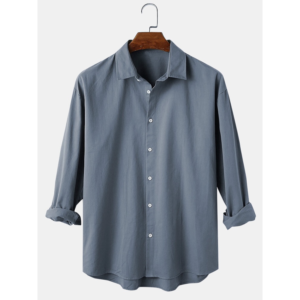 Mens Solid Color Simple Cotton Breathable Lapel Long Sleeve Shirts - Khaki 3XL