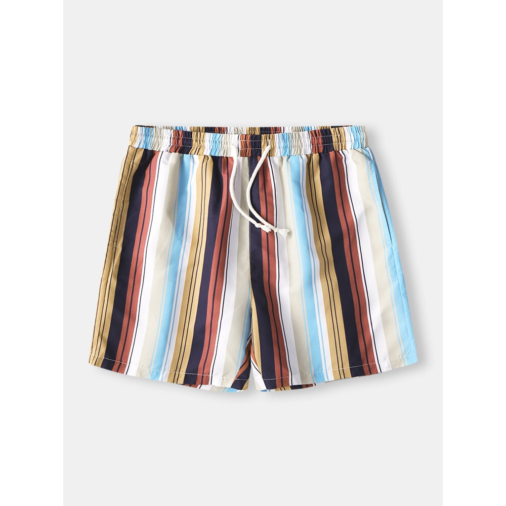 Mens Holiday Colorful Stripe Printing Breathable Quick Drying Mini Short Beach Shorts - Blue M