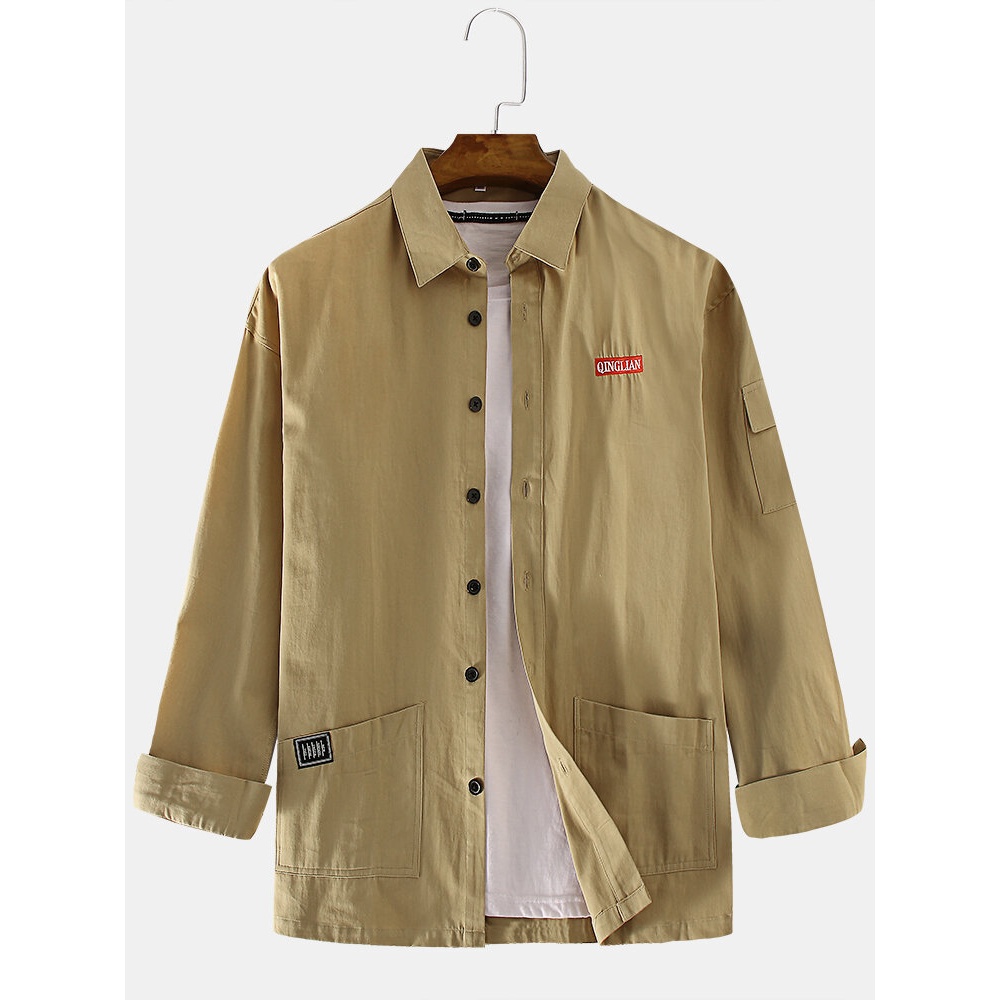 Mens Double Pockets 100% Cotton Turn Down Collar Cargo Shirt - M Khaki
