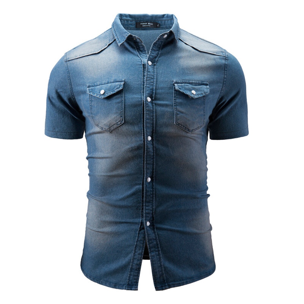 Mens Summer Short Sleeve Casual Fashion Fit Denim Shirts - XL Light Gray