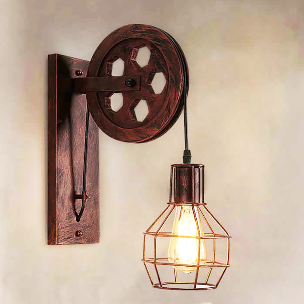 Adjustable Retro Iron Wall Lamp Lifting Pulley E27 Sconce Light Indoor 4 Color Without Light Bulb - Rust