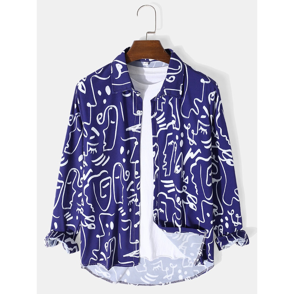 Casual Fitting Floral Lapel Collar Regular Shirt for Men - Blue M