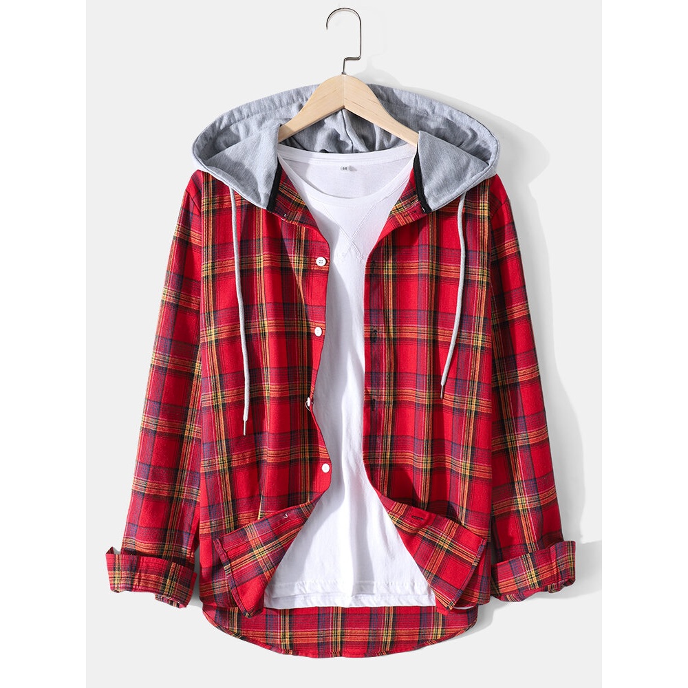 Plaid Print Patchwotk Hooded Curved Hem Long Sleeve Shirts For Men - Red 2XL