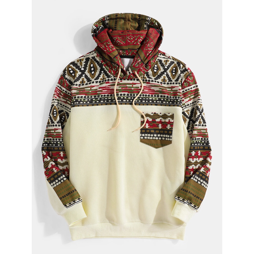 Mens Tribal Print Patchwork Chest Pocket Long Sleeve Design Hoodies - Apricot S
