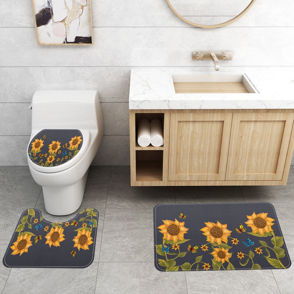 Sunflower Style Waterproof Toilet Seat Cover Shower Curtain Non Slip Rug - TypeA - Image 2