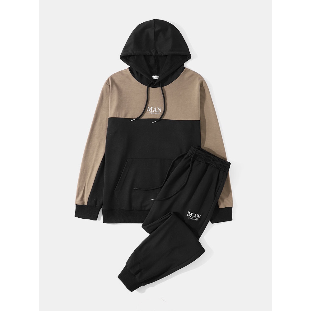 Mens Patchwork Letter Printed Hooded Sweatshirt with Pants Two-Piece Suits - Black S