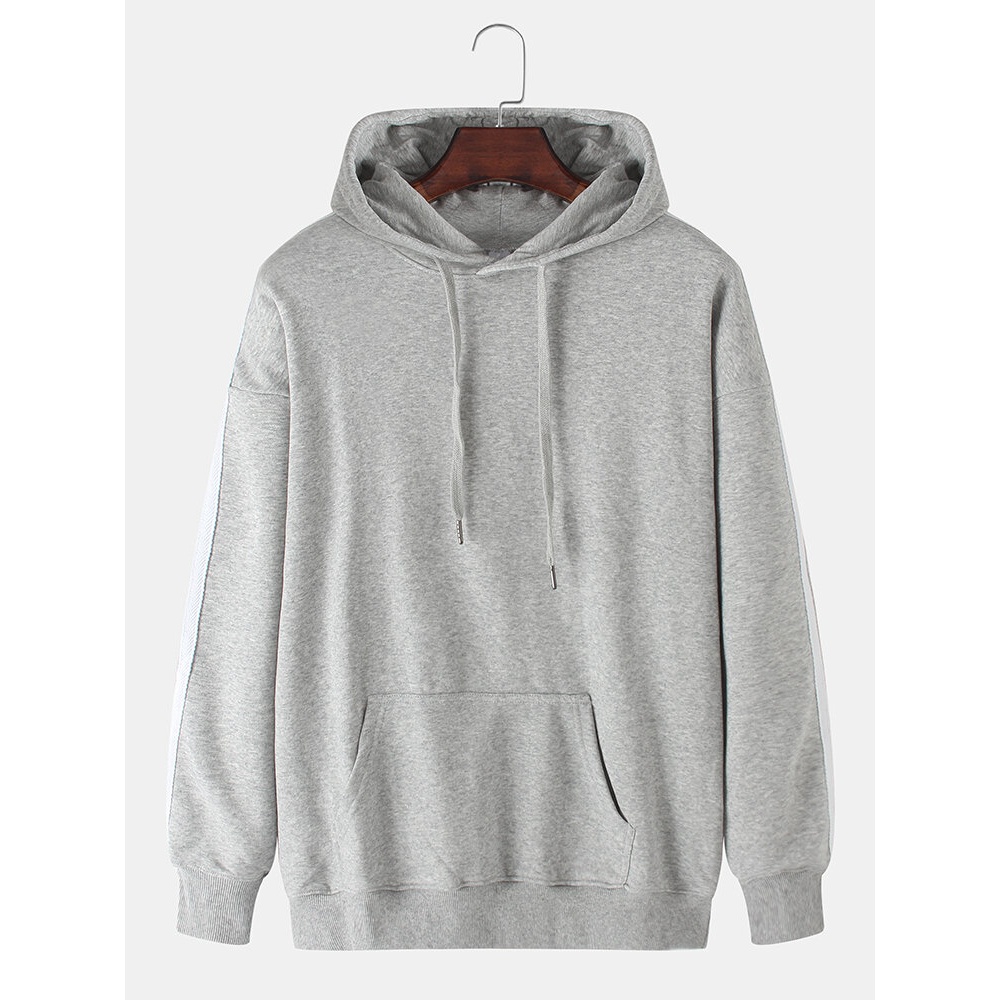 Mens Side Stripe Drop Shoulder Kangaroo Pocket Long Sleeve Hoodies - White 2XL