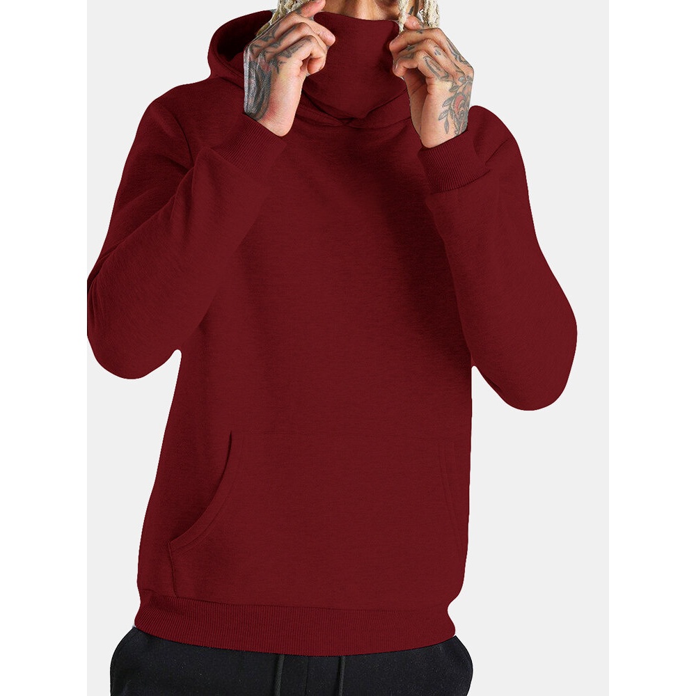 Mens Solid Color Simple Kangaroo Pocket Hoodies With Snood - Red S