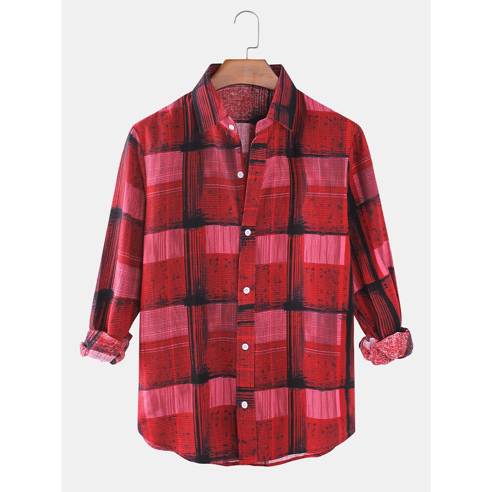 Mens Design Stripe & Plaid Print Lapel Collar Long Sleeve Vintage Shirts - Red S