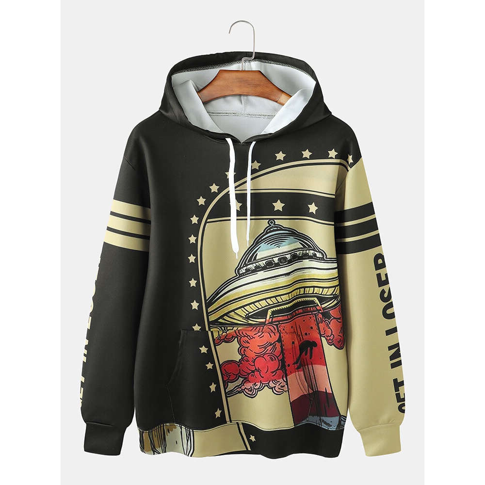 Mens UFO Planet Graffiti Print Kangaroo Pocket Design Hoodies - Graffiti 2 L