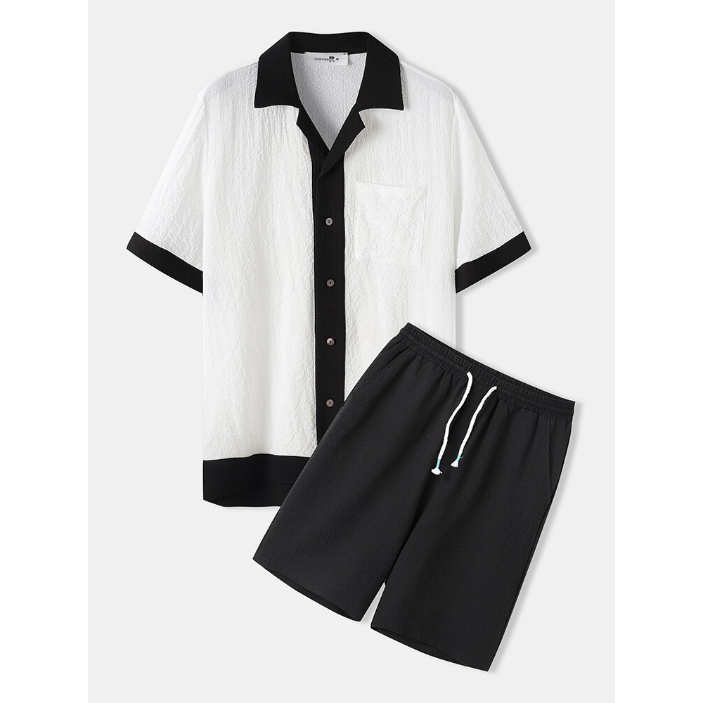 Mens Casual Revere Collar Solid Color Short Sleeve Shirts Two Piece Outfits - White S