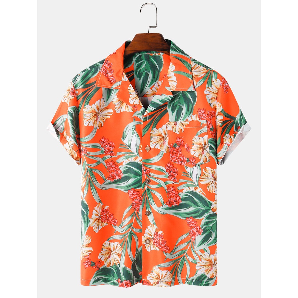 Mens Tropical Plant Print Short Sleeve Hawaii Casual Shirts With Pocket - Orange XL
