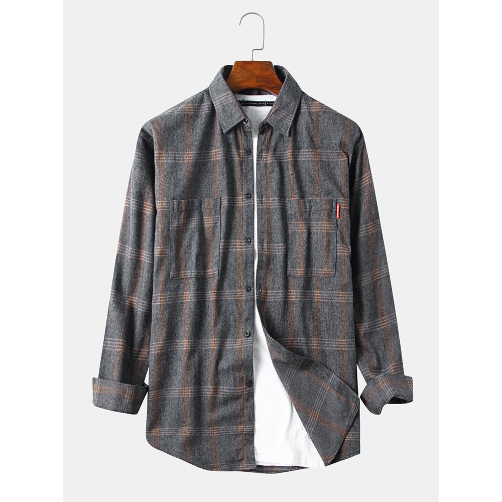 Mens Plaid Dual Pockets Long Sleeve Casual Check Shirts - Black 3XL