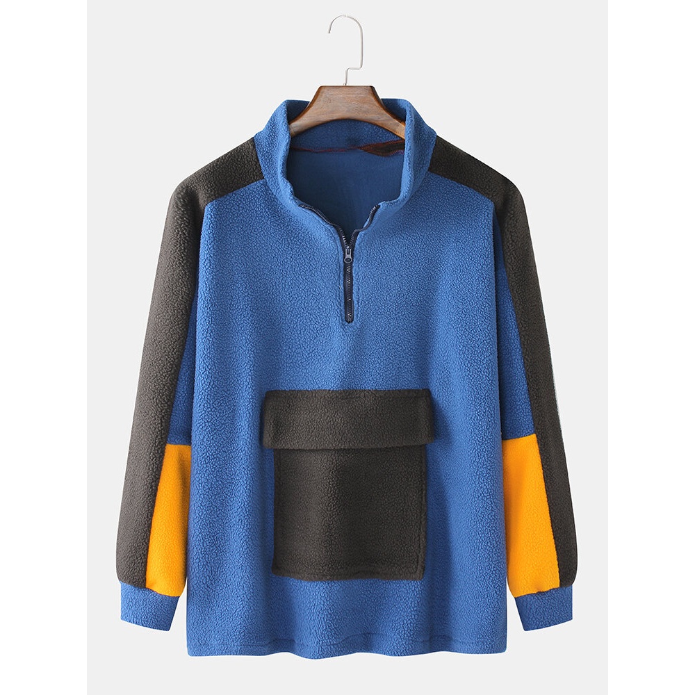 Mens Patchwork Raglan Sleeve Front Flap Pocket Thick Fleece Cotton Half Zipper Sweatshirt - Blue 3XL