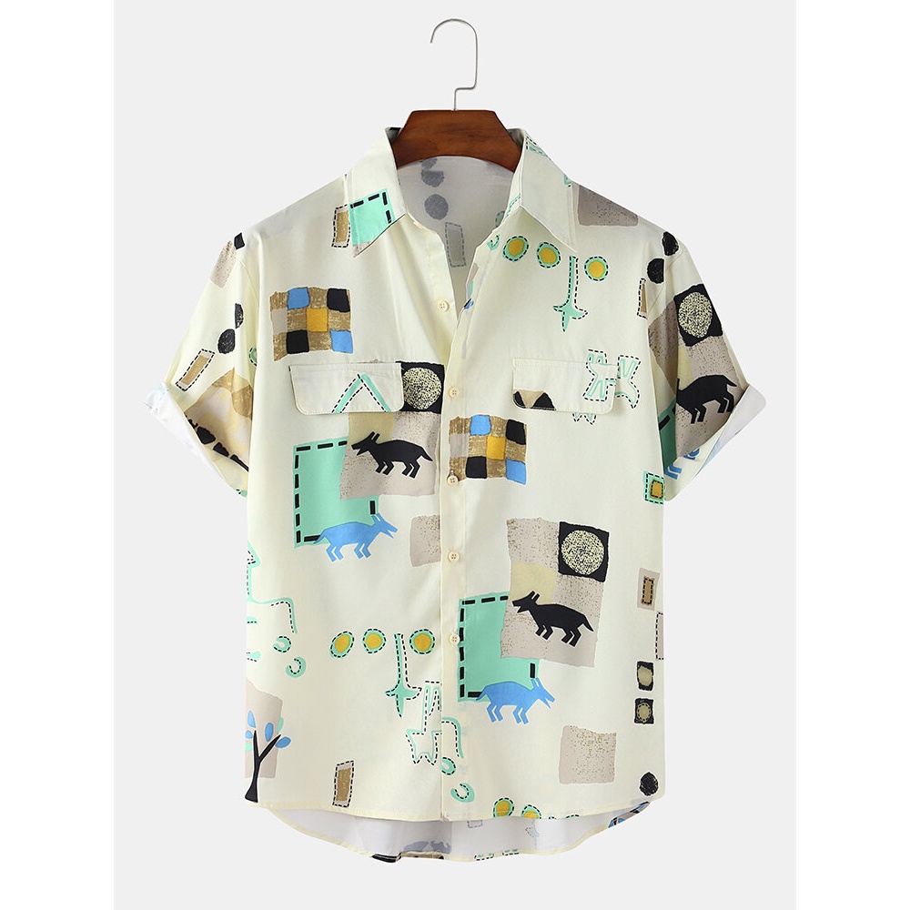 Mens Animal Plant Print Light Loose Casual Short Sleeve Shirts - Off White XL
