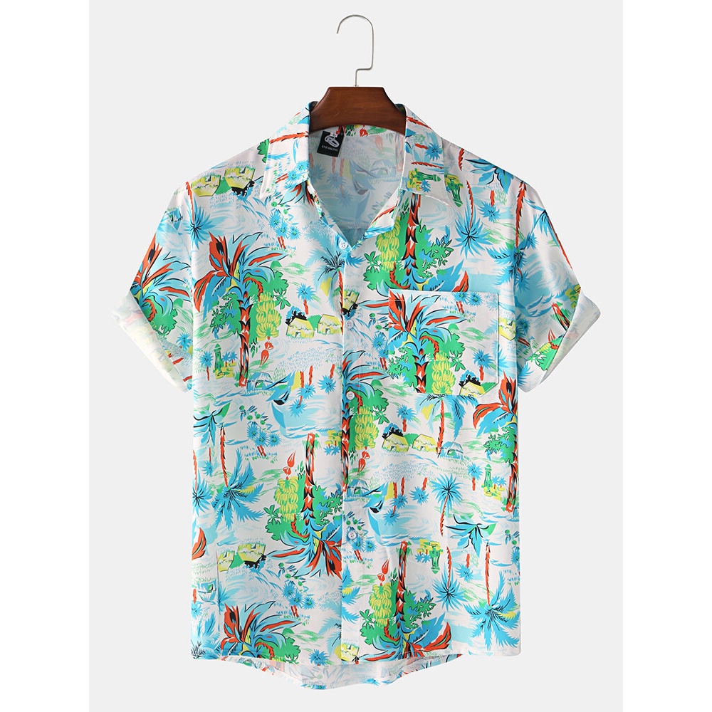 Mens Hawaii Beach Print Short Sleeve Shirts - S Green