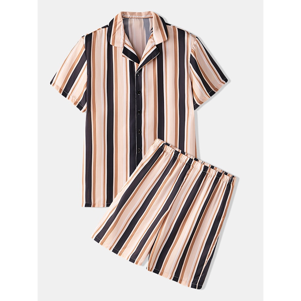 Mens Colorful Stripe Print Faux Silk Short Sleeve Revere Collar Casual Shirts - Coffee M