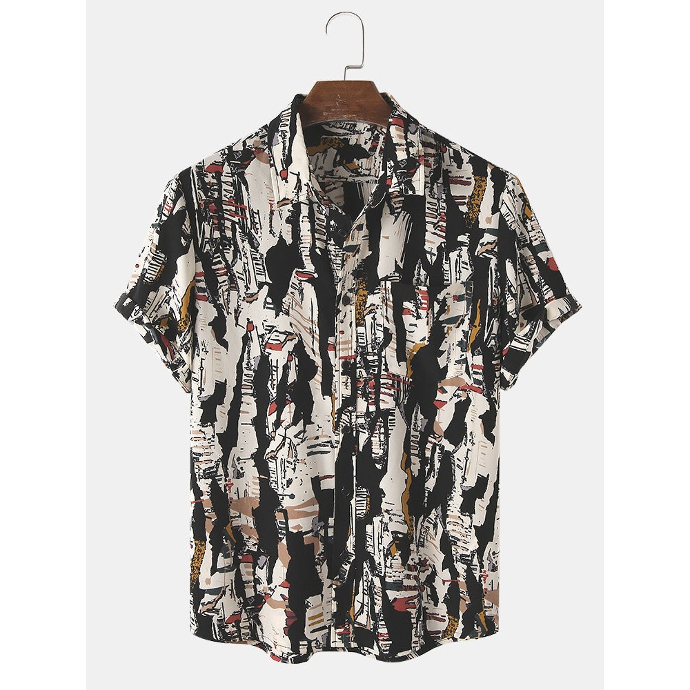 Mens Abstract Print Lapel Pocket Casual Short Sleeve Shirts - White S