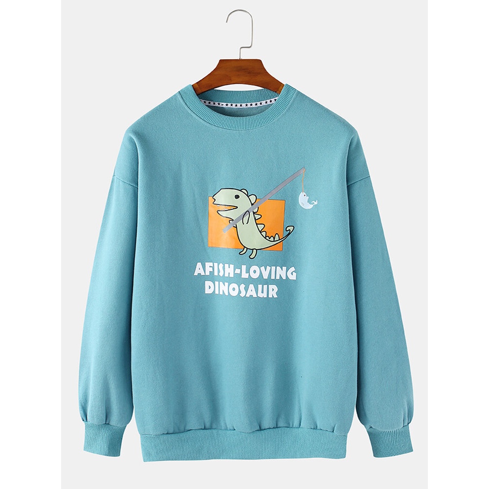 Mens Cartoon Dinosaur Graphics Letter Print Pullover Long Sleeve Sweatshirts - Lake Blue M