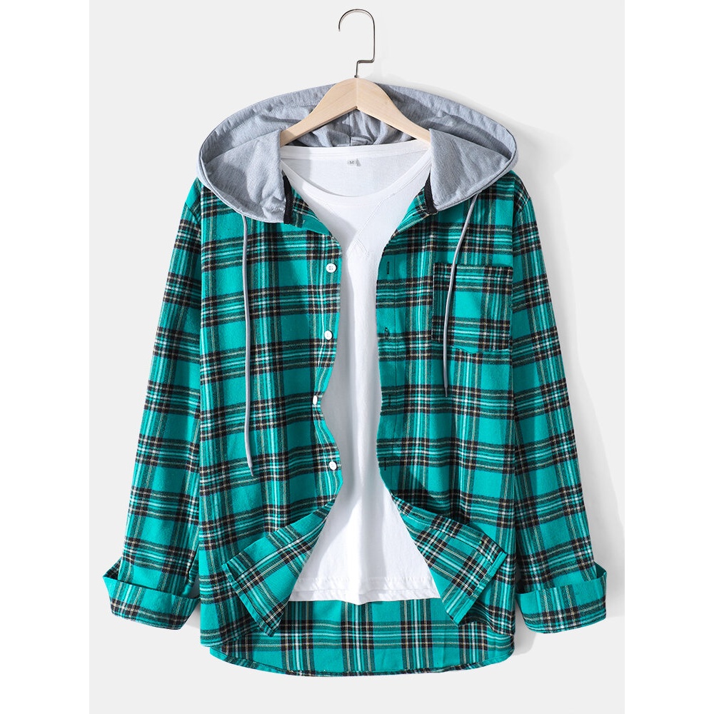 Mens Plaid Long Sleeve Hooded Shirts With Pocket - Green S