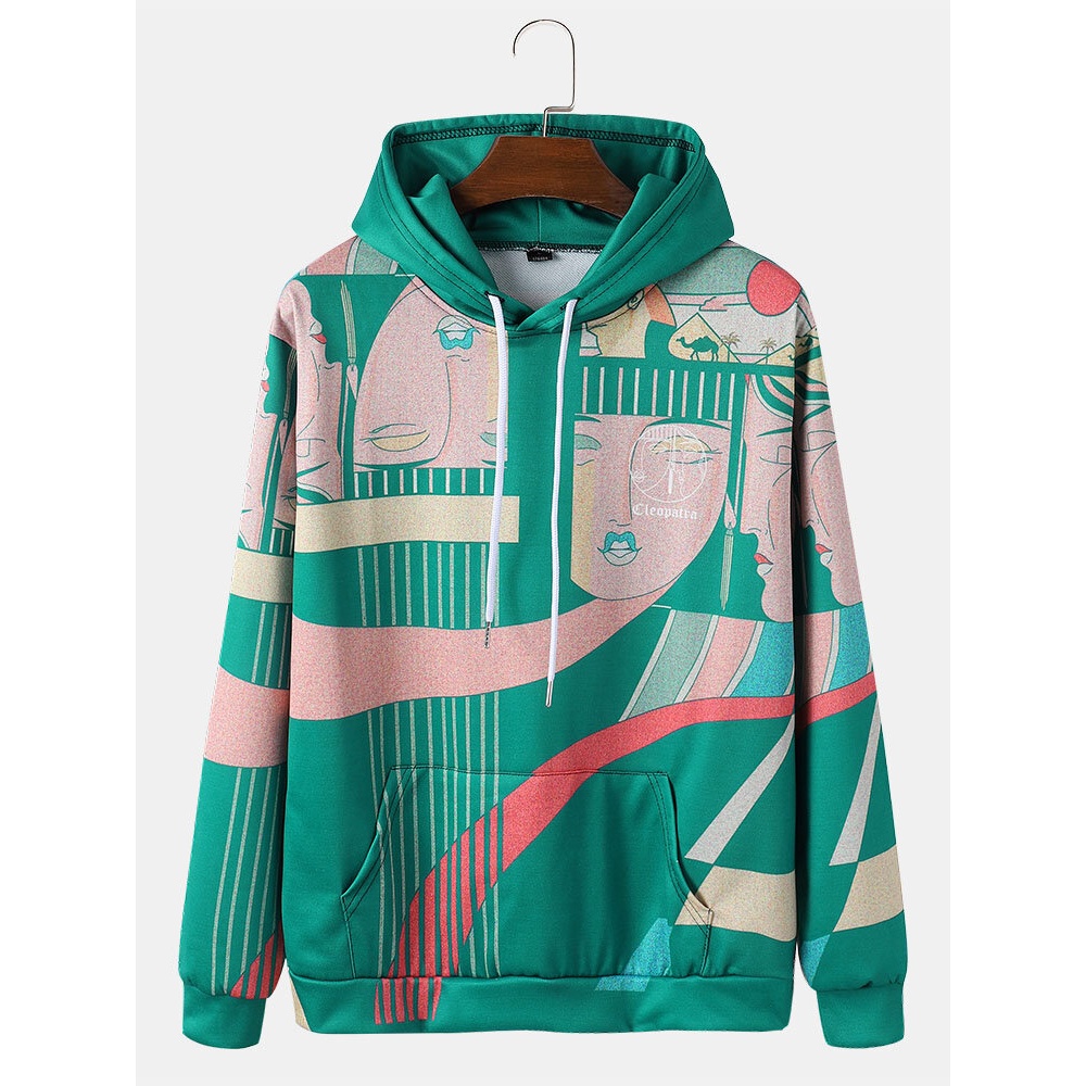 Mens Ethnic Style Print Kangaroo Pocket Drawstring Hoodies - Blue M