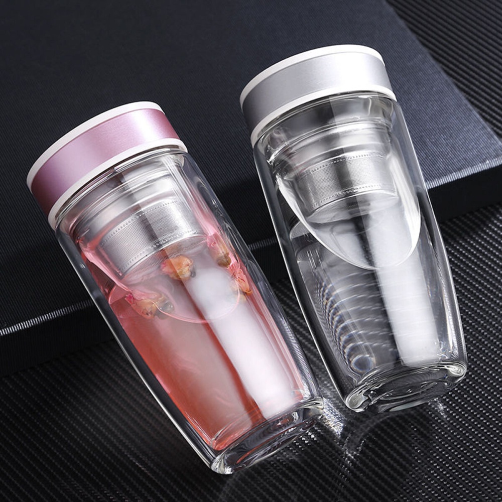 380ML Double Wall Glass Tea Tumbler Water Bottle with Filter Infuser Travel Mug - Silver - Image 2