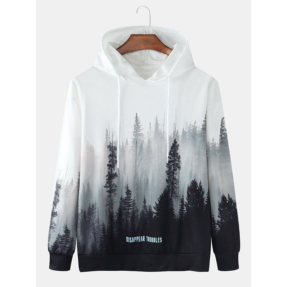 Mens Forest Scenery Print Casual Drawstring Pullover Hoodie - White M