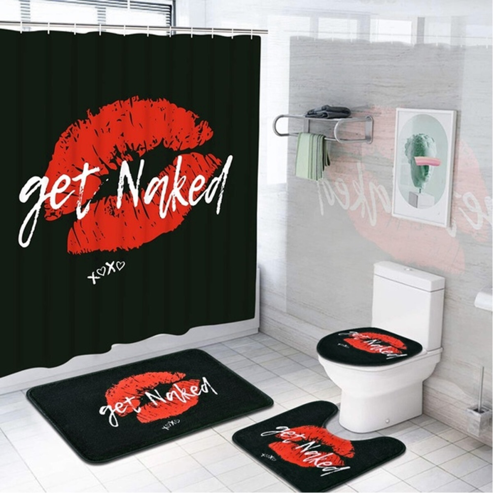 Get Naked Printing Bathroom Shower Curtain Set Toilet Cover Mat Bathroom Non-Slip Mat Rug Kit - 3Pcs Floor mat - Image 2