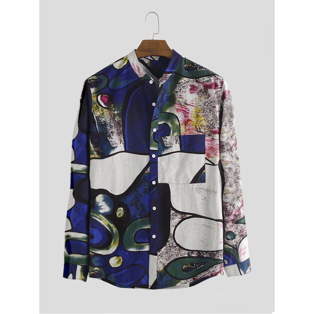 Mens 100% Cotton Printed Practical Pocket Long Sleeve Shirts - 3XL Blue