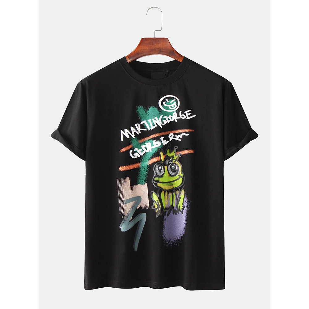 Men Cotton Funny Cartoon Frog Graffiti Crew Neck Short Sleeve T-Shirts - White XL